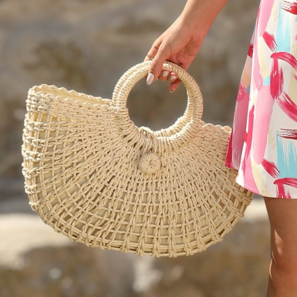 Beige Bamboo Woven Semicircle Tote Handbag